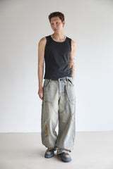 DOUBLE-KNEE CRACK-WASHED DENIM PANTS