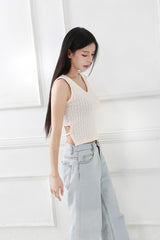 Back Ribbon Sleveless Knit_cream [brooch set]