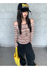 burgundy striped off-shoulder long-sleeve t-shirt
