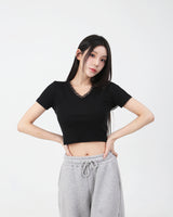 Lace V-neck Crop T-shirt Black