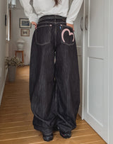 Heart pink stitch indigo denim pants
