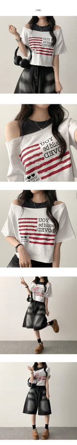 Risch アンバランスショルダー半袖Tシャツ
