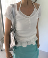 ソミラウンドネック / UネックボタンキャップスリーブショートスリーブTシャツ (3 Colors)