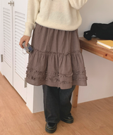 Luen midi checkered skirt Fall layered frill soft fit