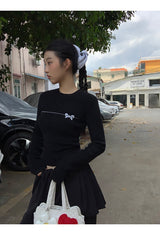 Bow Line Round Long Sleeve Knit T-shirt