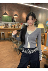 Lace shirring two-piece long-sleeved blouse T-shirt