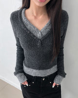 Ripin Color-Block V-Neck Slim Bouclé Long-Sleeve Knit