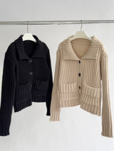 Raffel collar pocket ribbed cardigan