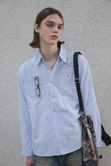 Lettering sleeve striped shirt - Blue