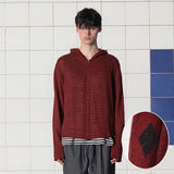 ARGYLE ELBOW KNIT ZIP-UP HOODIE / BURGUNDY