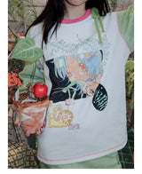 UnsocialNight original design autumn and winter light green cute イラストプリントハーフスカート female