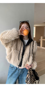 Eyes Hooded Layered Fur Zip-Up Jacket