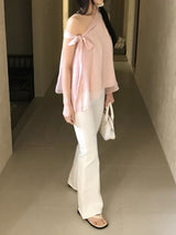 Lovie Unbal One-Shoulder Ribbon Chiffon Blouse