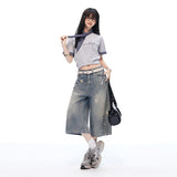 Vintage Star Print Washed Wide Cropped Denim Pants