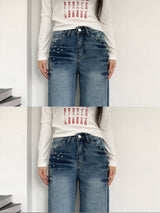 Rivet eyelet punching washed wide denim pants (Denim)