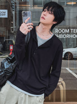 トップツートーンレイヤードヘンリーネックロングスリーブTシャツ