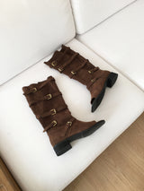 Open toe suede buckle boots
