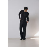 Leather ribbed henry neck long sleeves(Black)