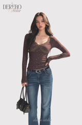 ブラウン フラワー Vネック ロングスリーブ Tシャツ