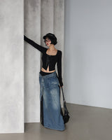 denim coloring belt SET maxi long skirt