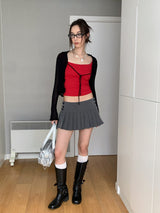 striped pleats button mini skirt