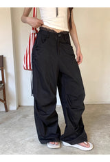 Lace Black Side Shirring Casual Pants