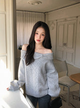 プレゼントリボンツイストルーズオフショルダーニット(4color)