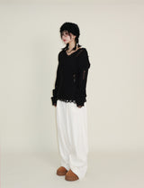 ラバーVネックダメージカットポイント長袖ニット (wool material)