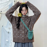 Vintage Dot Knit Cardigan with Scarf Set