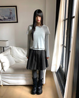 Deupin Layered Two-Way Angora Short & Long Sleeve frilled T-Shirt