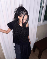 (2color) Check Back Ribbon Off-Shoulder Short Sleeve Tee