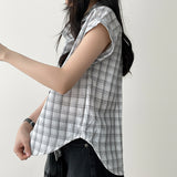 Retro Mood Sleeve Roll-Up Checkered Shirt Blouse