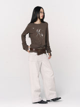 CONFUN Lantern Sleeve Sequin Embroidered Pleated Round Neck Top