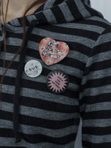 BADGE STRIPE HOODED CARDIGAN / CHARCOAL