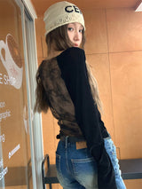Back see-through lace long-sleeved T-shirt