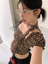 スカーフレオパードスクエアネック半袖Tシャツ