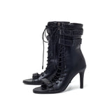 Double Strap Lace-Up Open Toe Heel(Black)