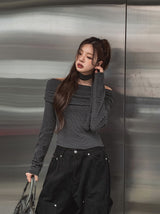 [Muffler set] レイオフショルダーストライプロングスリーブ