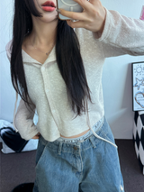 SEMI SEE THROUGH BOUCLE HOODIE CARDIGAN 🩵🩶🖤🧸4COLOR