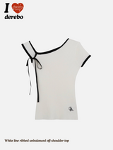 White line ribbed unbalanced off-shoulder top