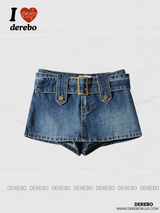 Belt dark blue mini denim pants skirt