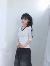 Lace V-Shirring Dot Top