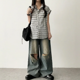 Andy Knee Damage Cutting Deep Washed Denim Wide Pants