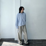 Striped Refreshing Textured Single Pocket Boxy Long Sleeve Shirt