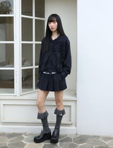 ストライプ ラッフル フーデッド シャツ(NAVY)