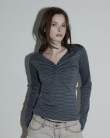 Shirring Henley Neck Long Sleeve Stripe Charcoal
