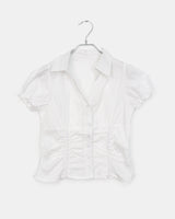 Pique Checkered V-Neck Shirring Puffed Short-Sleeved Blouse