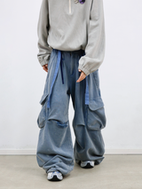 RELABEL (RE-MAKE) Double-Waist, Splashed-Ink, Washed, Distressed Ice-Blue Cargo Sweatpants