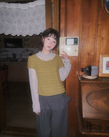 (3color) Wave Half-Neck Check Sheer Tee