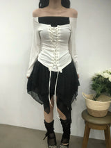 リボンコルセットオフショルダーTシャツ